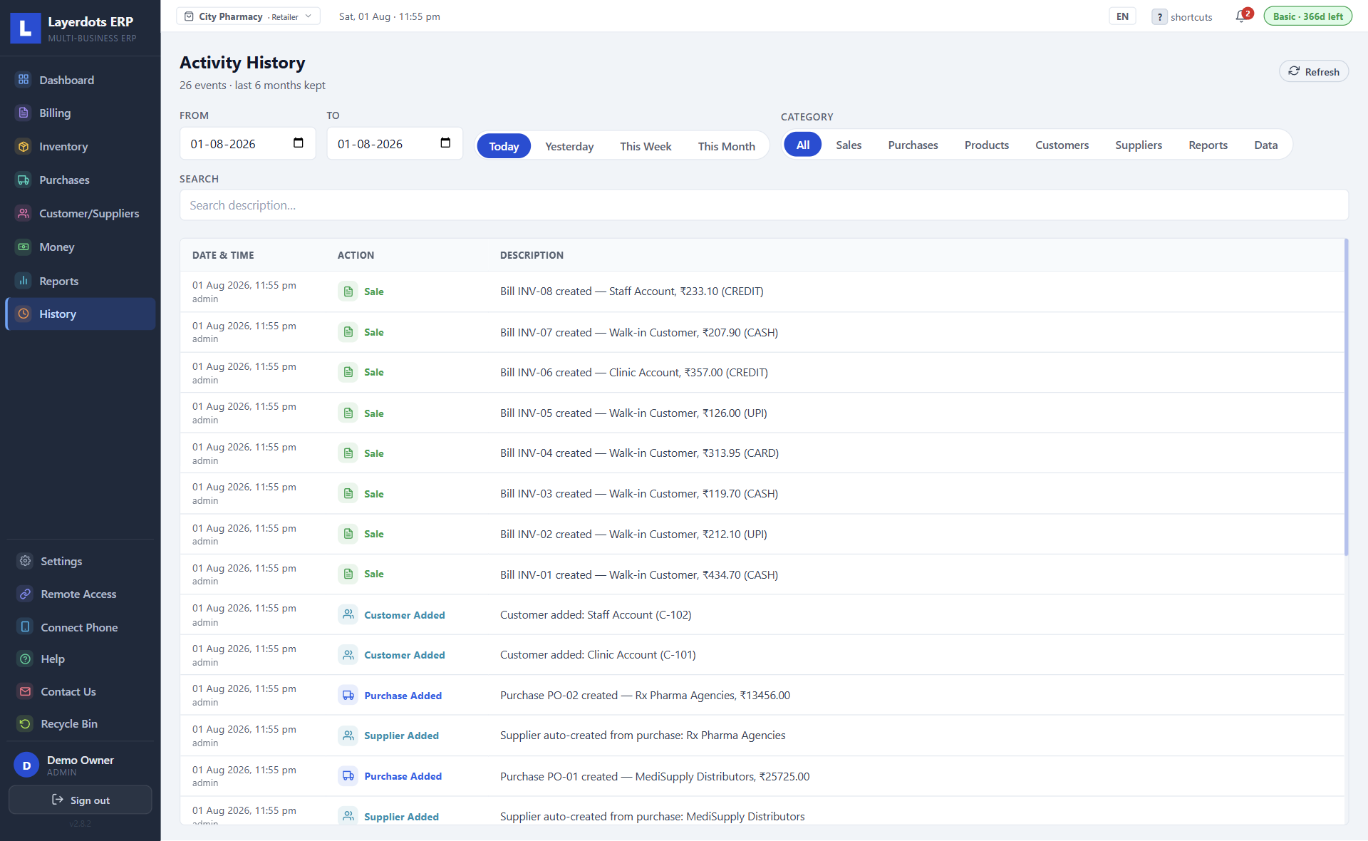 Layerdots ERP activity history audit trail