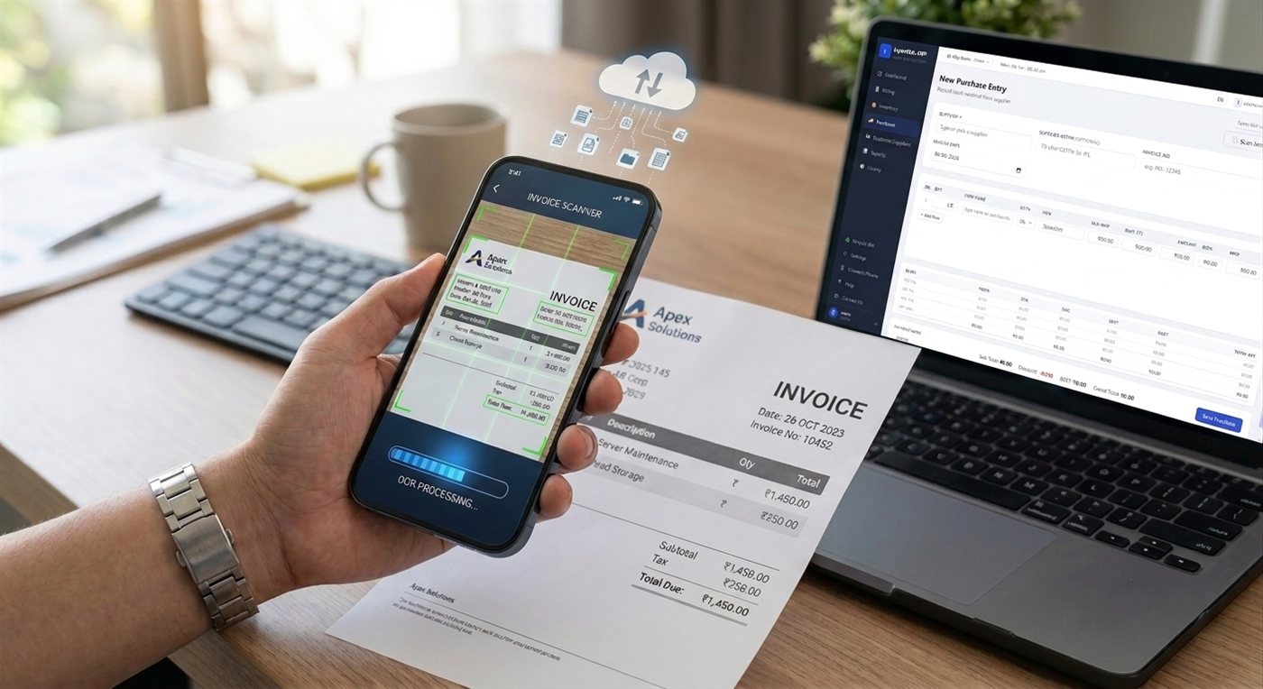 Scanning a supplier invoice with the phone app, data flowing into the ERP