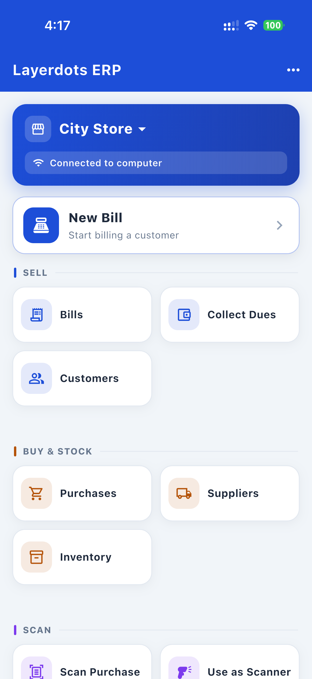 Layerdots phone app home screen, connected to the shop computer