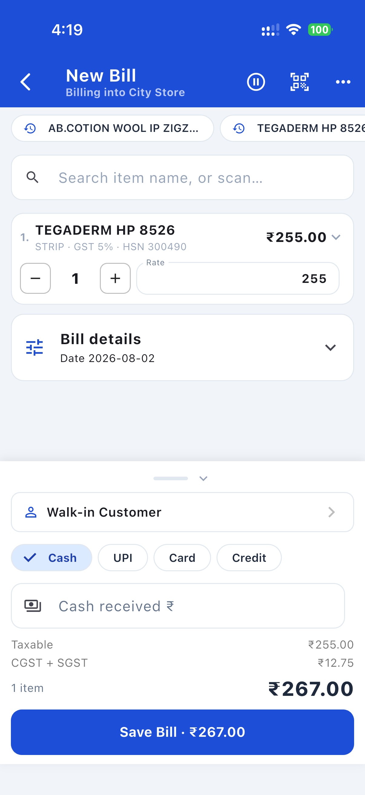 Making a bill on the Layerdots phone app: item, GST split and total