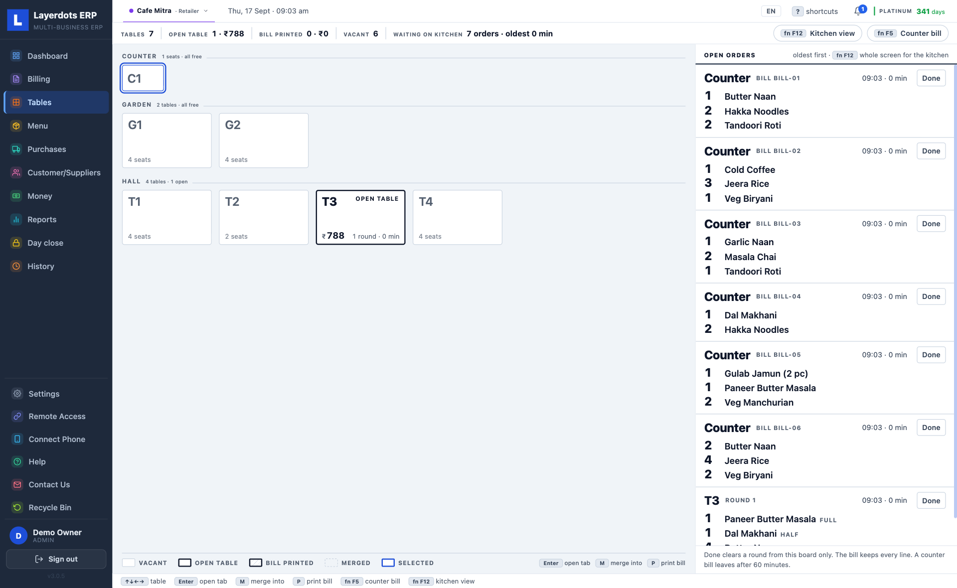 Layerdots ERP restaurant floor plan with open tables and the live kitchen board