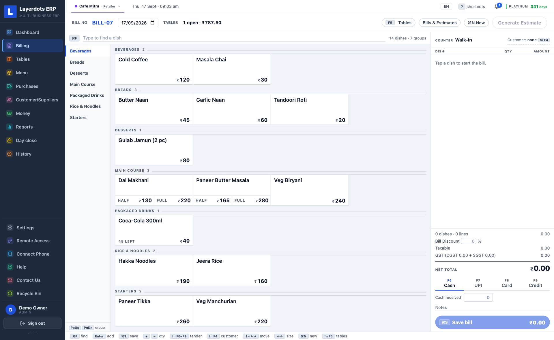 Layerdots ERP restaurant billing: tap a dish from the menu, with half and full sizes