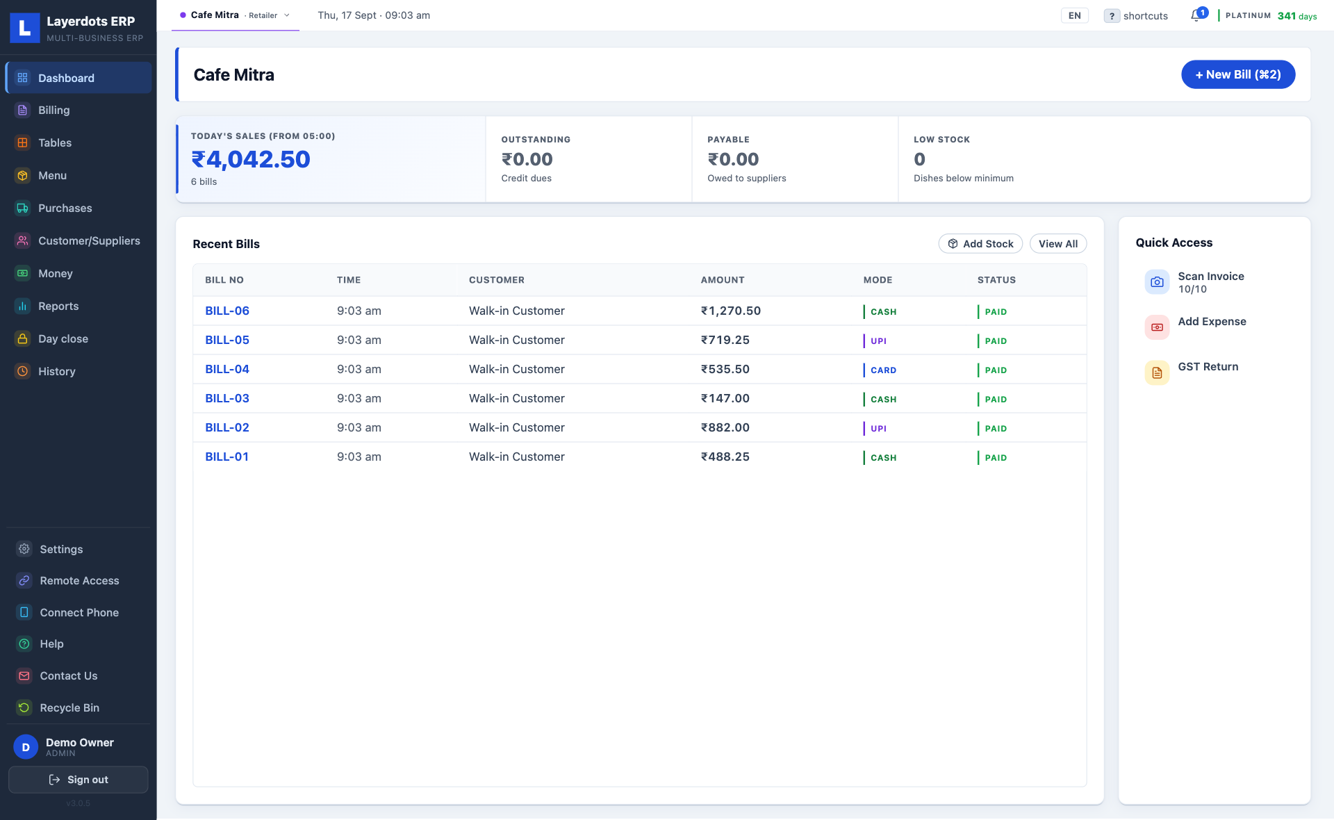 Layerdots ERP restaurant dashboard with the business day starting at 5am